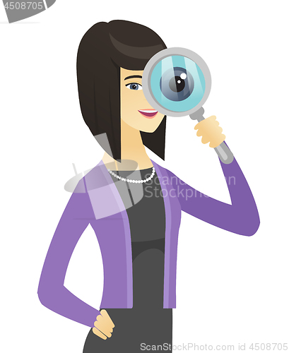 Image of Asian business woman with magnifying glass.