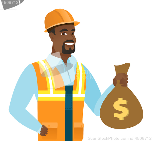 Image of Young african-american builder showing money bag.