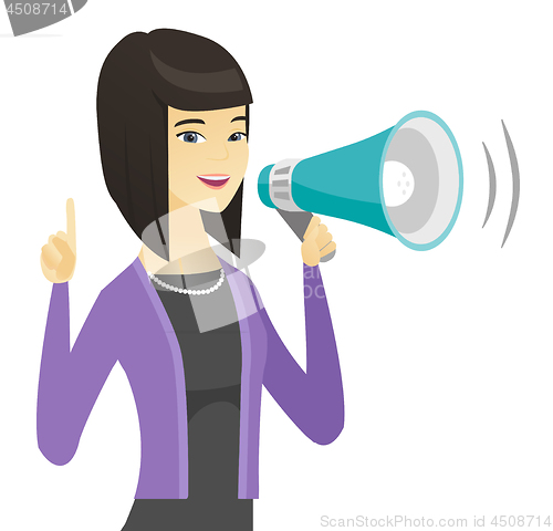 Image of Asian business woman talking into loudspeaker.