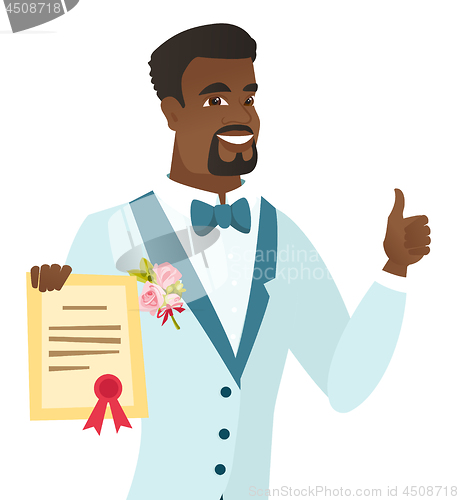 Image of Young african-american groom holding a certificate