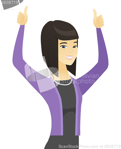 Image of Asian business woman standing with raised arms up.