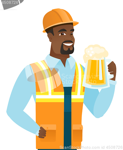 Image of Young african-american builder drinking beer.