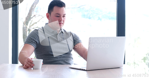 Image of businessman working using a laptop in startup office