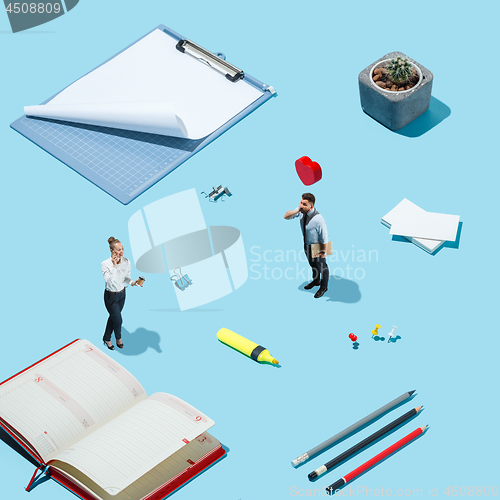 Image of Flat isometric view of businessmen and woman and at blank sheets of paper with empty copy space