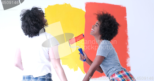 Image of multiethnic couple painting interior wall