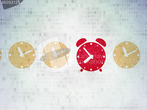 Image of Time concept: alarm clock icon on Digital Data Paper background