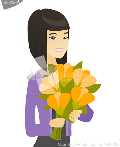 Image of Asian business woman holding bouquet of flowers.