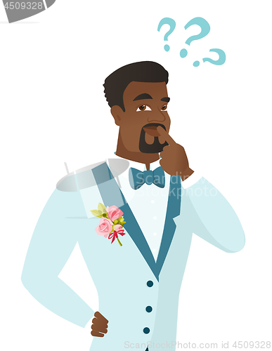 Image of Young african-american groom with question marks.