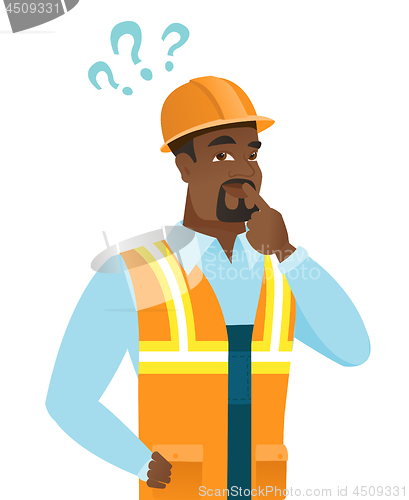 Image of African thinking builder with question marks.