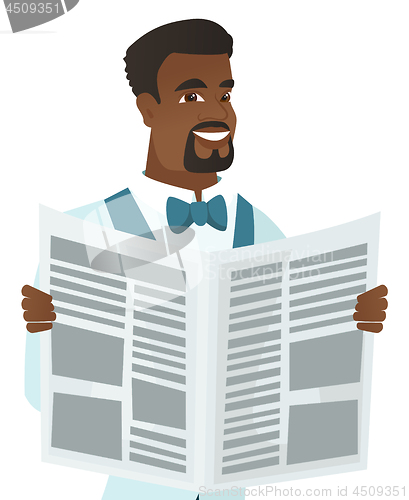 Image of Young african-american groom reading newspaper.