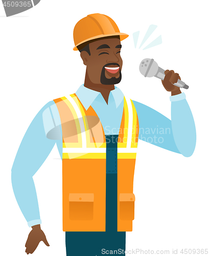 Image of African-american builder singing to the microphone