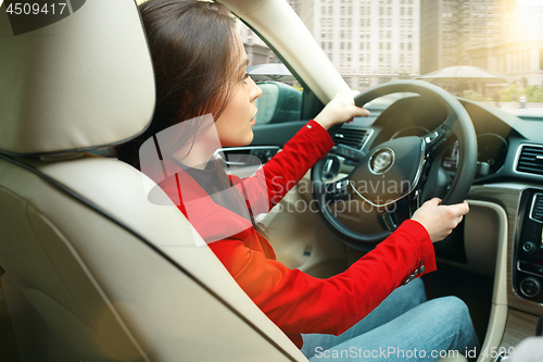Image of Driving around city. Young attractive woman driving a car