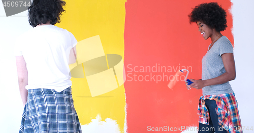 Image of multiethnic couple painting interior wall
