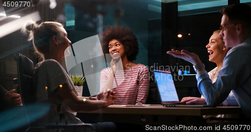 Image of Multiethnic startup business team in night office