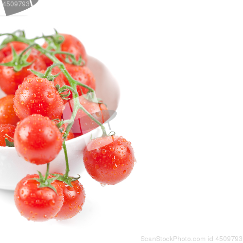 Image of Fresh organic wet cherry tomatoes bunch on ceramic bowl.