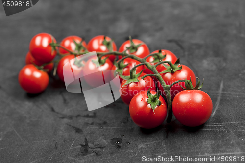 Image of Fresh organic cherry tomatoes bunch closeup on black board.