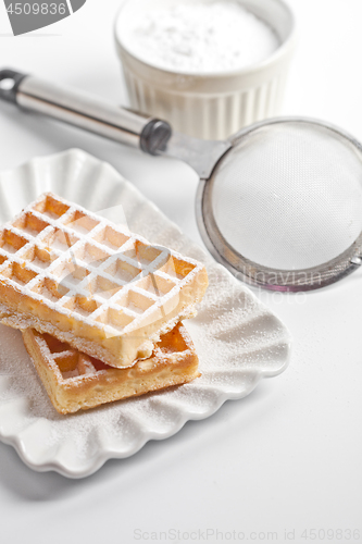 Image of Belgium waffers with sugar powder on ceramic plate and strainer 
