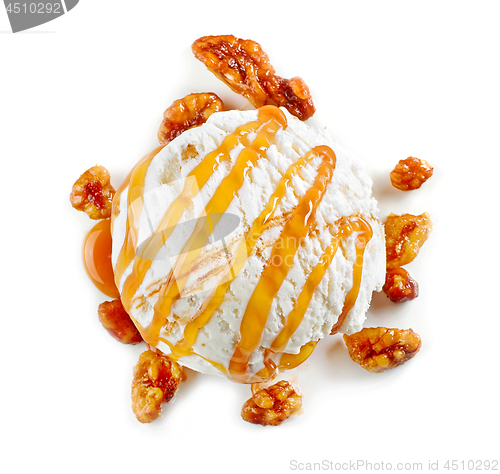 Image of ice cream ball with maple syrup and caramelized walnuts