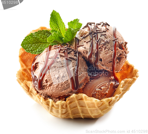 Image of chocolate ice cream in waffle basket