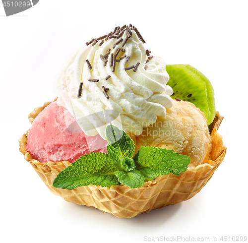 Image of various ice cream scoops in waffle basket