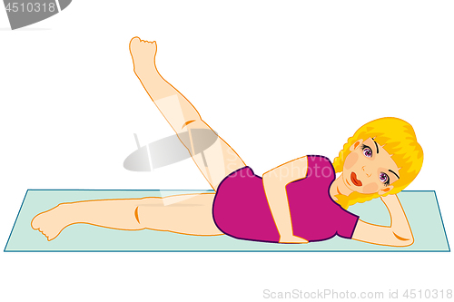 Image of Girl does gymnastic exercise on small rug