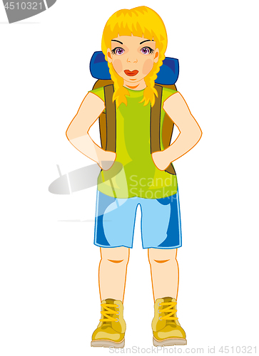 Image of Vector illustration of the young girl of the tourist with rucksack