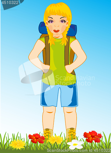 Image of Vector illustration of the girl of the tourist on year glade with flower
