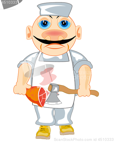 Image of Man butcher with axe in hand and ham