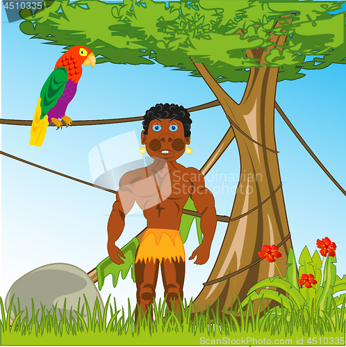 Image of Dark-skinned man in tropical jungle cartoon .Vector illustration