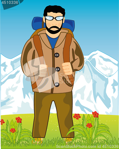 Image of Vector illustration of the colorful landscape and men with rucksack