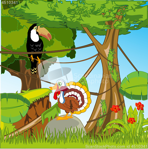 Image of Tropical green wood with exotic bird.Vector illustration