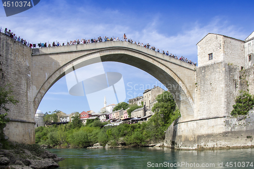 Image of Mostar with the Old Bridge houses and minarets in Bosnia and Her