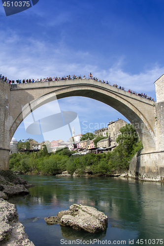 Image of Mostar with the Old Bridge houses and minarets in Bosnia and Her