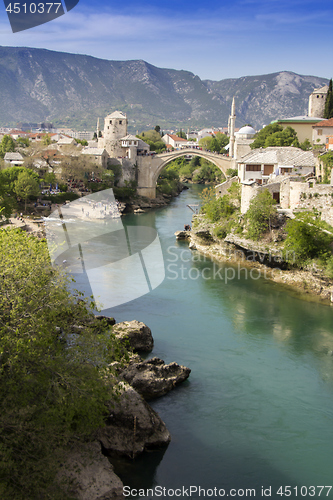 Image of Mostar with the Old Bridge houses and minarets in Bosnia and Her