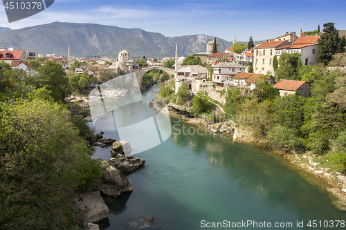 Image of Mostar with the Old Bridge houses and minarets in Bosnia and Her