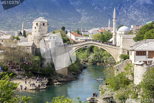 Image of Mostar with the Old Bridge houses and minarets in Bosnia and Her