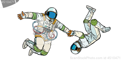 Image of a couple in love, astronauts holding hands