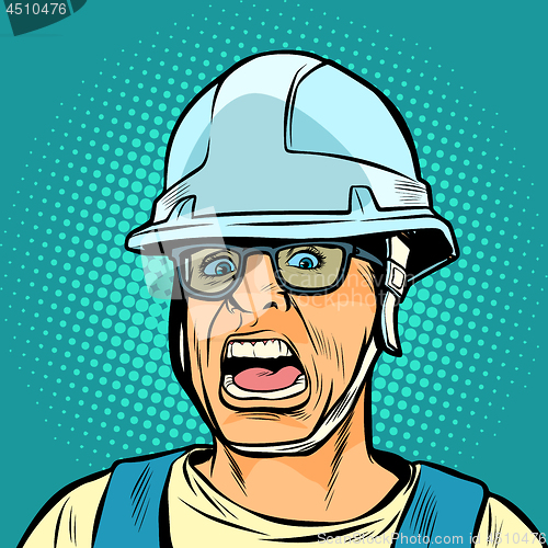 Image of worker in a helmet screaming. danger of fright