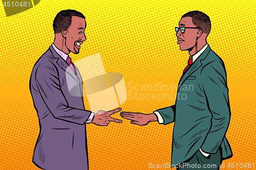 Image of african businessmen game rock paper scissors