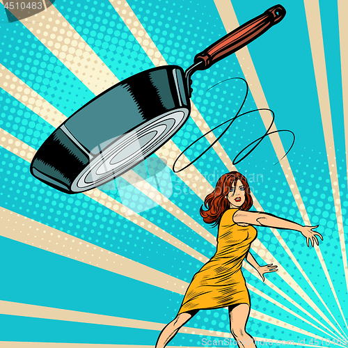 Image of woman throws a frying pan