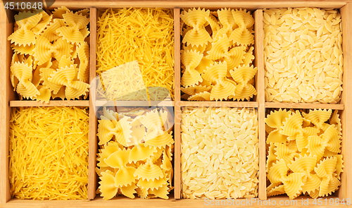 Image of Wooden box storing a variety of pasta
