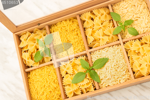 Image of Open box with different types of pasta