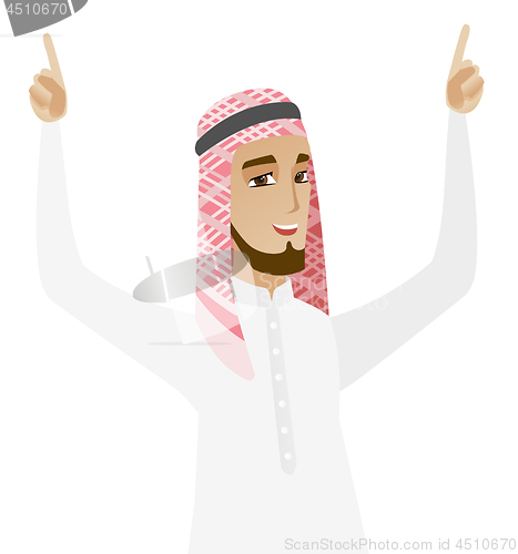 Image of Muslim businessman standing with raised arms up.