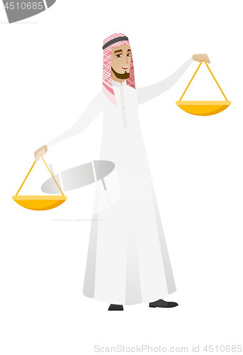 Image of Muslim businessman holding balance scale.