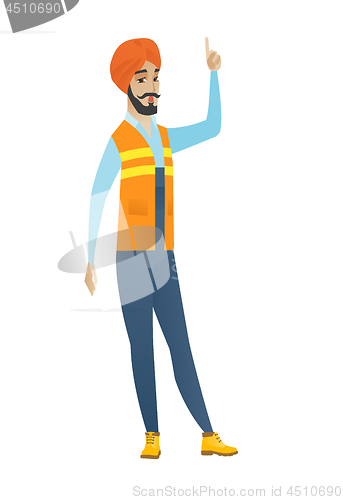 Image of Hindu builder with open mouth pointing finger up.