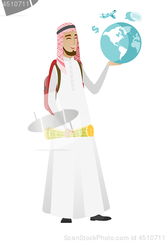 Image of Muslim traveler man holding map and globe.