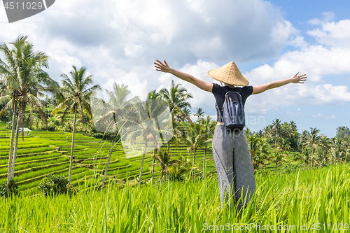 Image of Relaxed fashionable female traveler wearing small backpack and traditional asian paddy hat, arms rised to sky, enjoying pure nature at beautiful green rice fields and terraces on Bali island