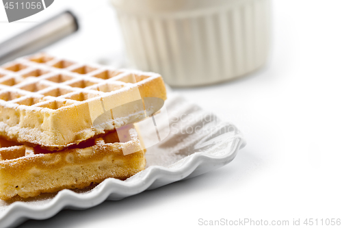 Image of Belgium waffers with sugar powder on ceramic plate and strainer 