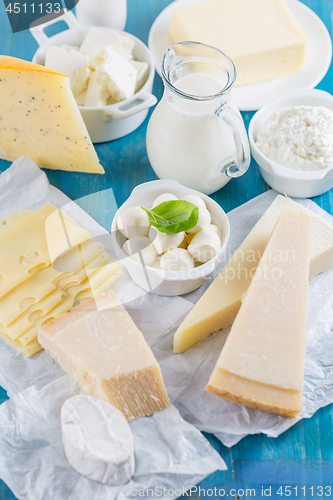 Image of Different types of dairy products on wooden background