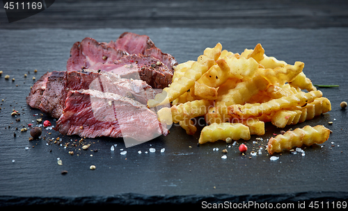 Image of grilled beef fillet steak and fried potatoes